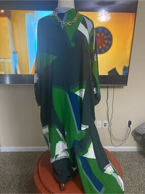 Ashro Green, Blue & White Geometric Maxi Dress